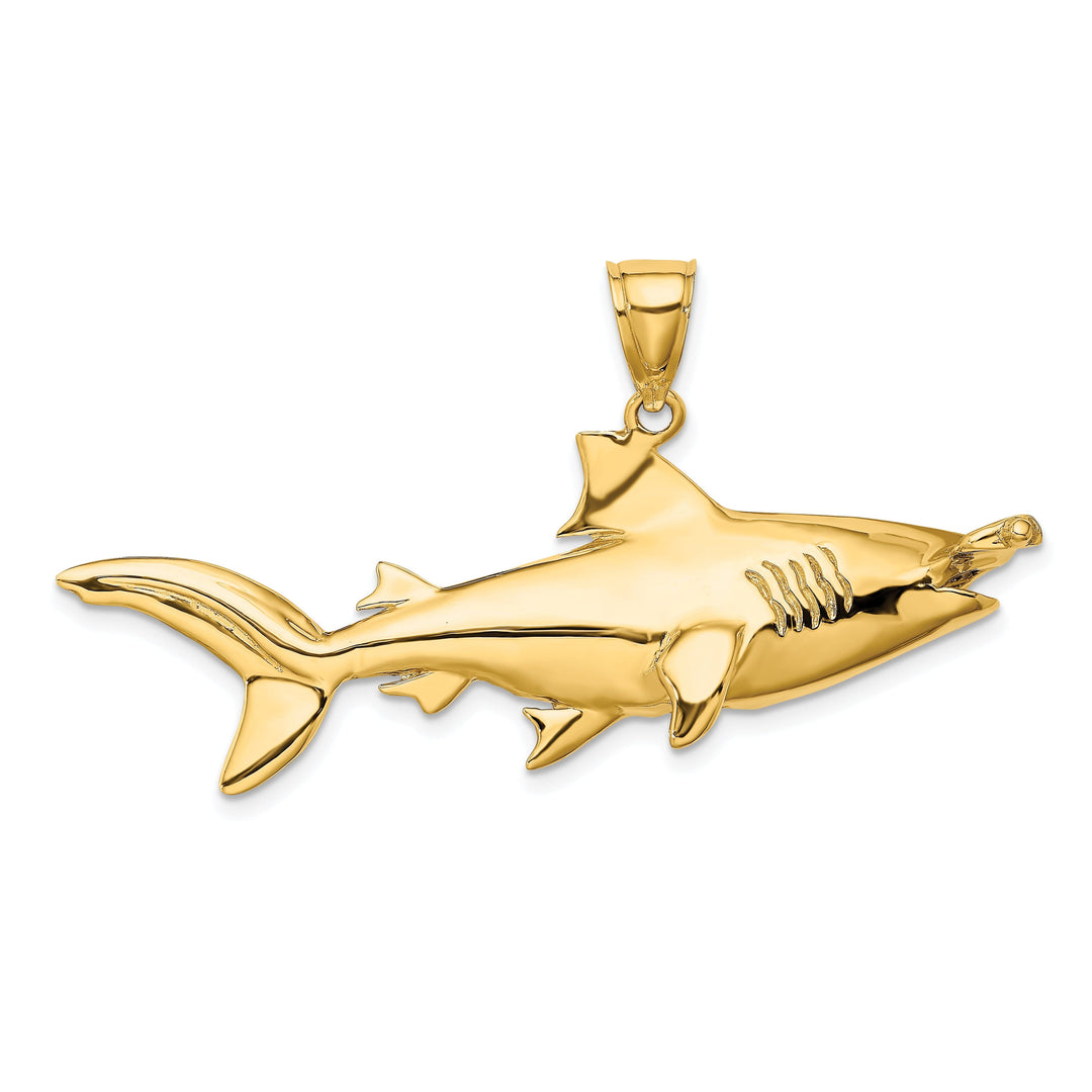 14K Yellow Gold Textured Polished Finish 3-Dimensional Hammerhead Shark Charm Pendant