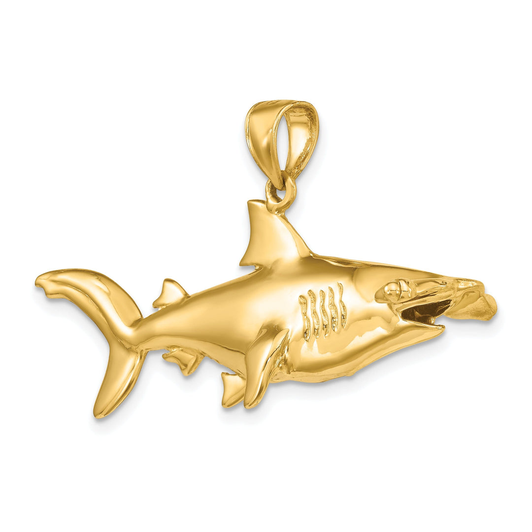 14K Yellow Gold Textured Polished Finish 3-Dimensional Hammerhead Shark Charm Pendant