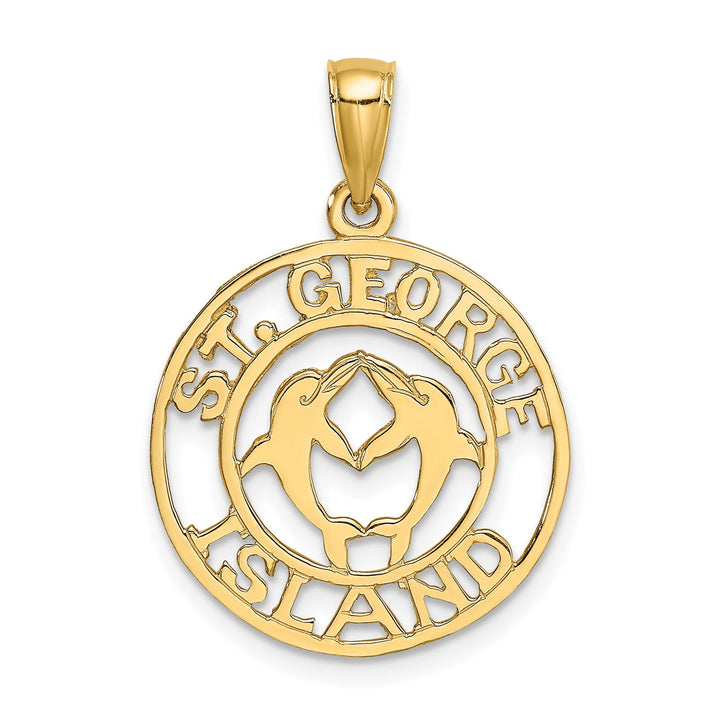 14K Yellow Gold Polished Textured Finish Saint GEORGE ISLAND with Double Dolphins in Circle Design Charm Pendant