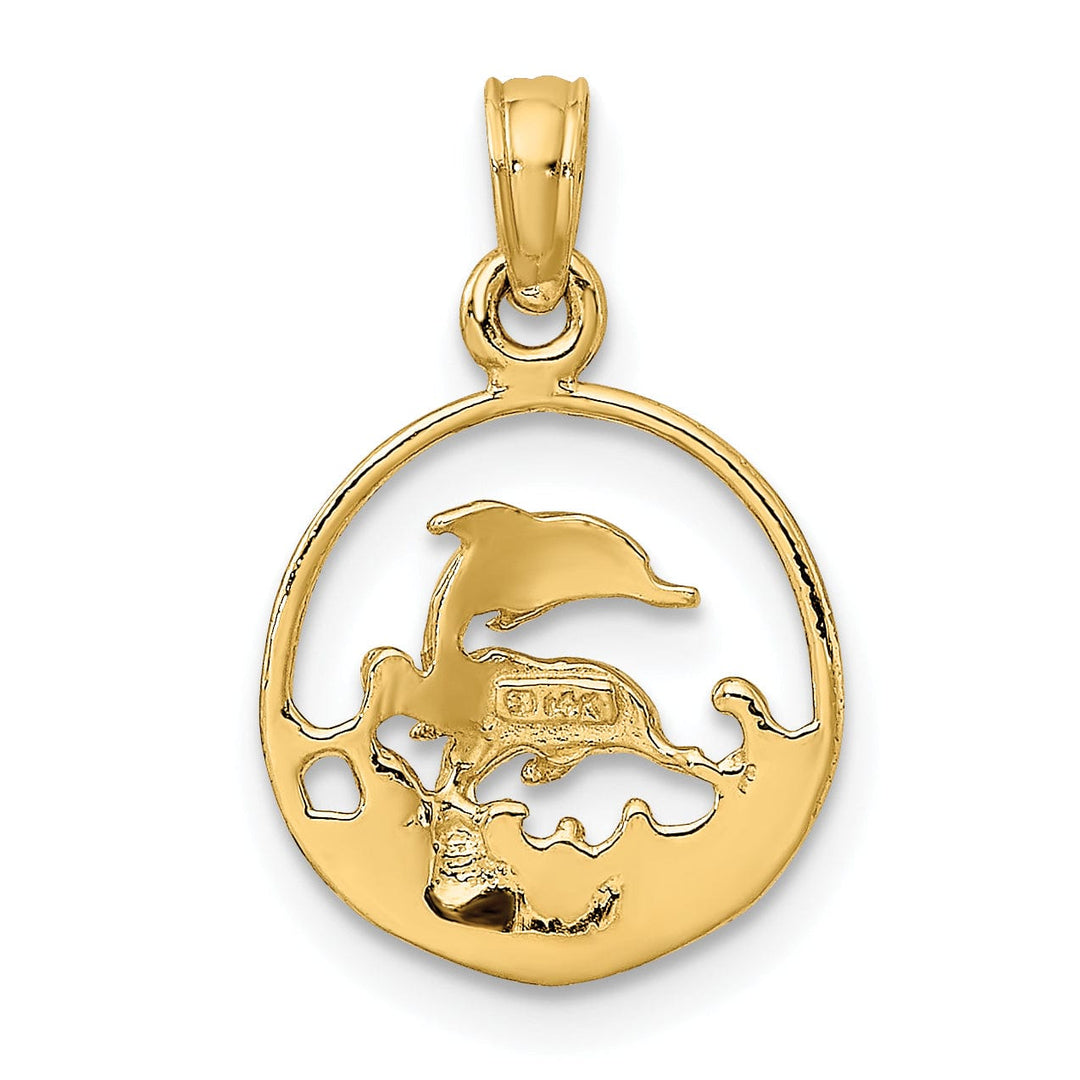 14K Yellow Gold Textured Polished Finish Two Dolphins Swimming in Circle Shape Design Charm Pendant