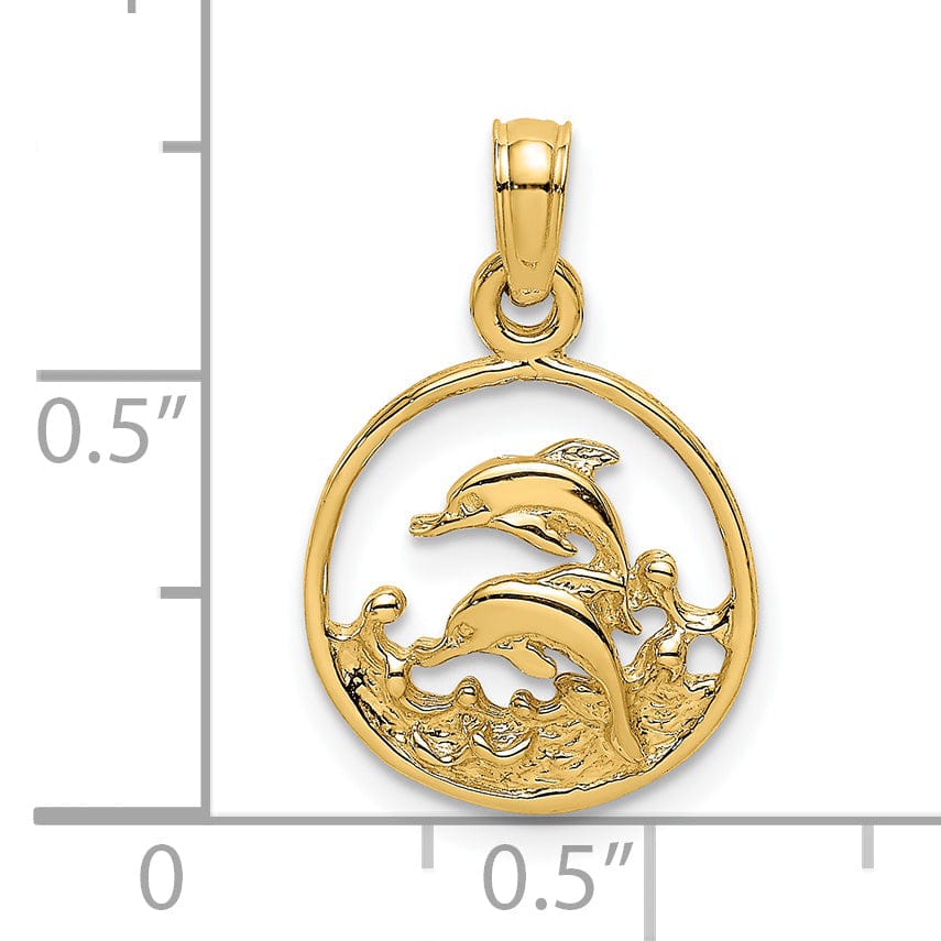 14K Yellow Gold Textured Polished Finish Two Dolphins Swimming in Circle Shape Design Charm Pendant