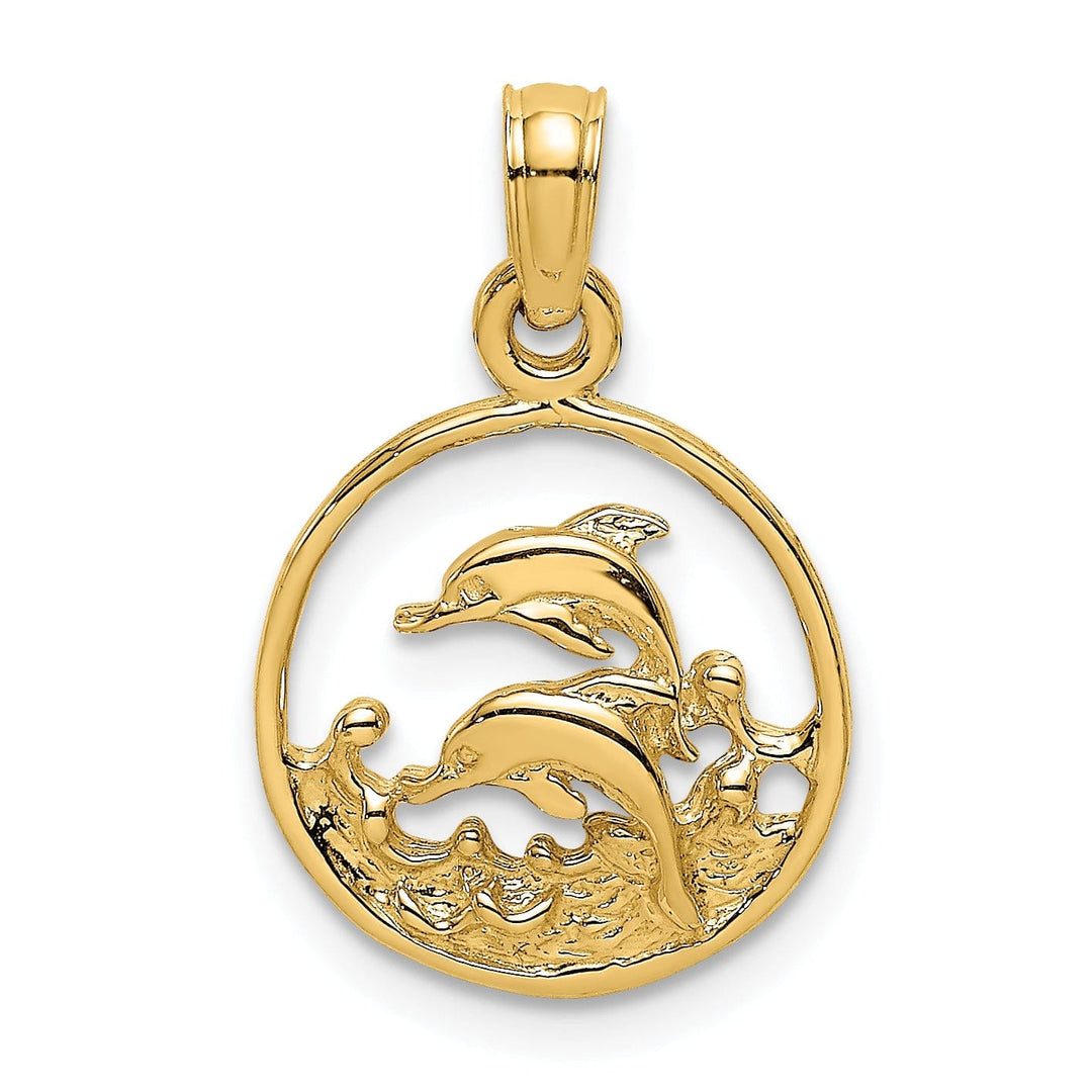 14K Yellow Gold Textured Polished Finish Two Dolphins Swimming in Circle Shape Design Charm Pendant