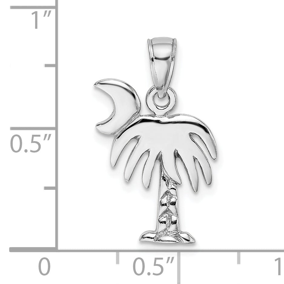 14K White Gold Polished Finish Concave Shape Charleston Palm Tree with Moon Design Charm Pendant