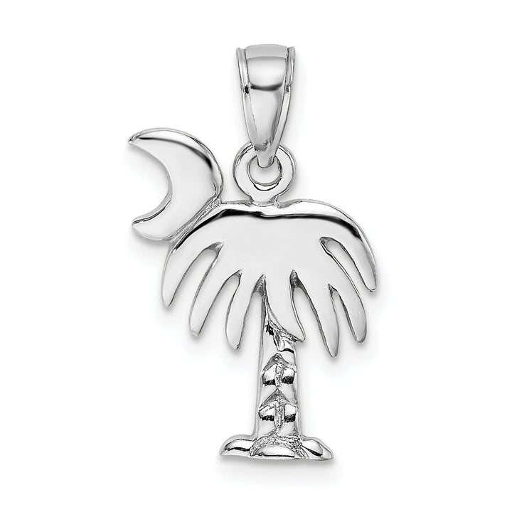 14K White Gold Polished Finish Concave Shape Charleston Palm Tree with Moon Design Charm Pendant