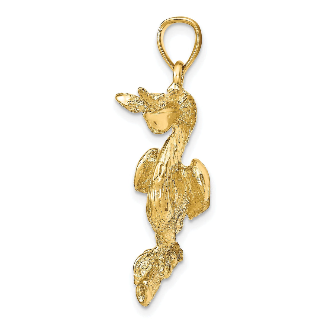 14K Yellow Gold Polished Textured Finish 3-Dimensional Pelican with Fish In Mouth Charm Pendant