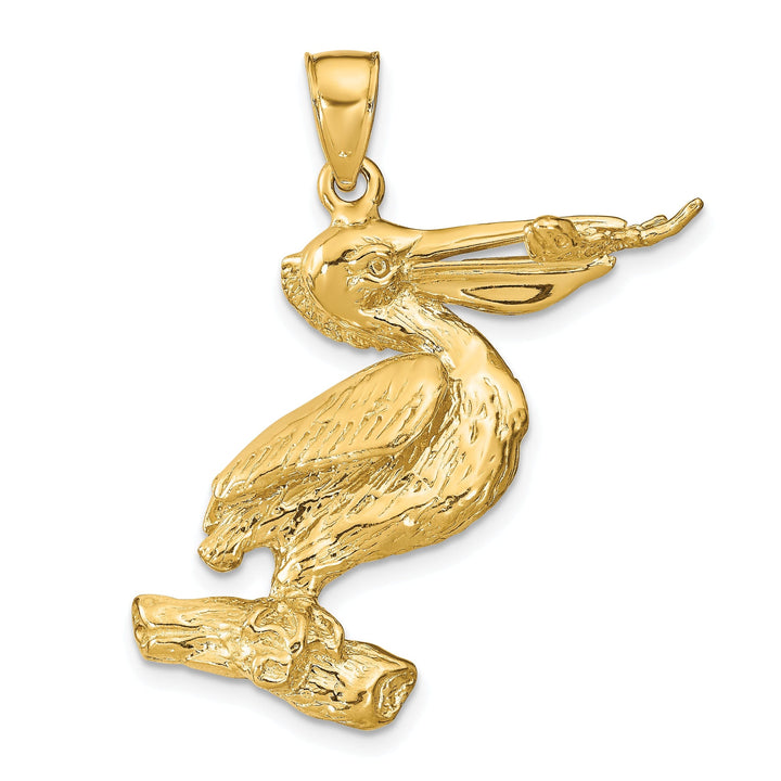 14K Yellow Gold Polished Textured Finish 3-Dimensional Pelican with Fish In Mouth Charm Pendant