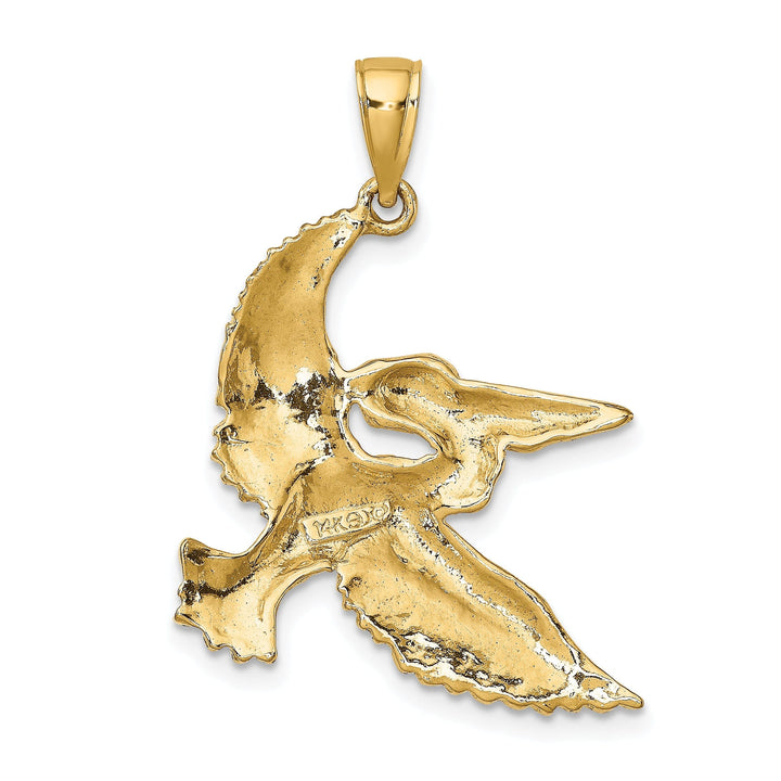 14K Yellow Gold Polish Texture Finish 3-Dimensional Pelican in Flight Charm Pendant