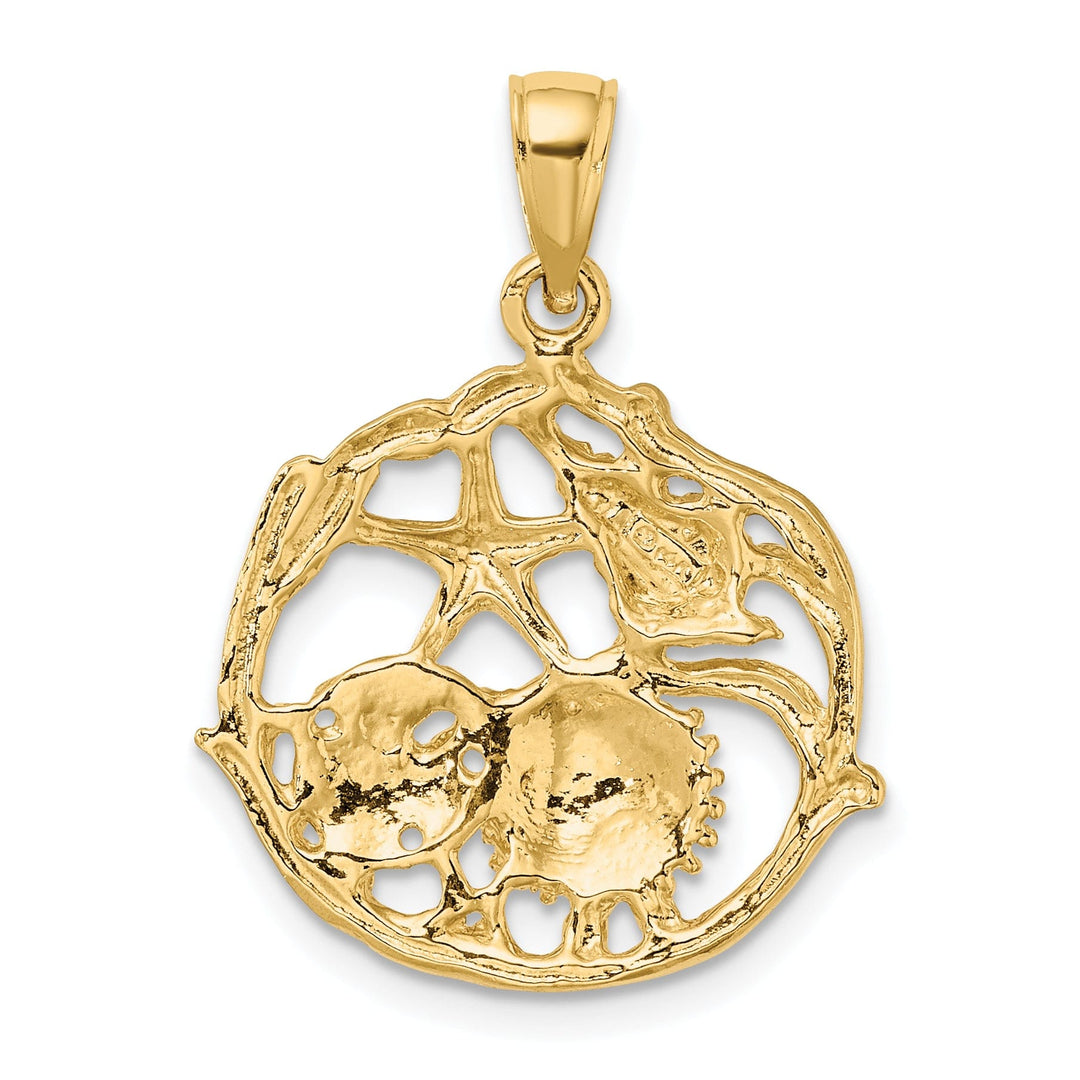 14K Yellow Gold Polished Textured Finish Solid Shell Cluster, Star Fish In Circle Design Charm Pendant