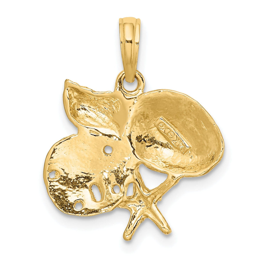 14K Yellow Gold Solid Polished Texture Finish Shell, Starfish and Sand Dollar Cluster Design Charm Pendant