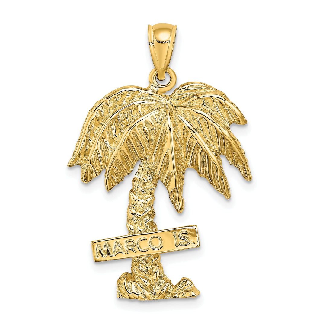 14K Yellow Gold Textured Polished Finish Open Back MARCO ISLAND Banner Under Large Palm Tree Charm Pendant