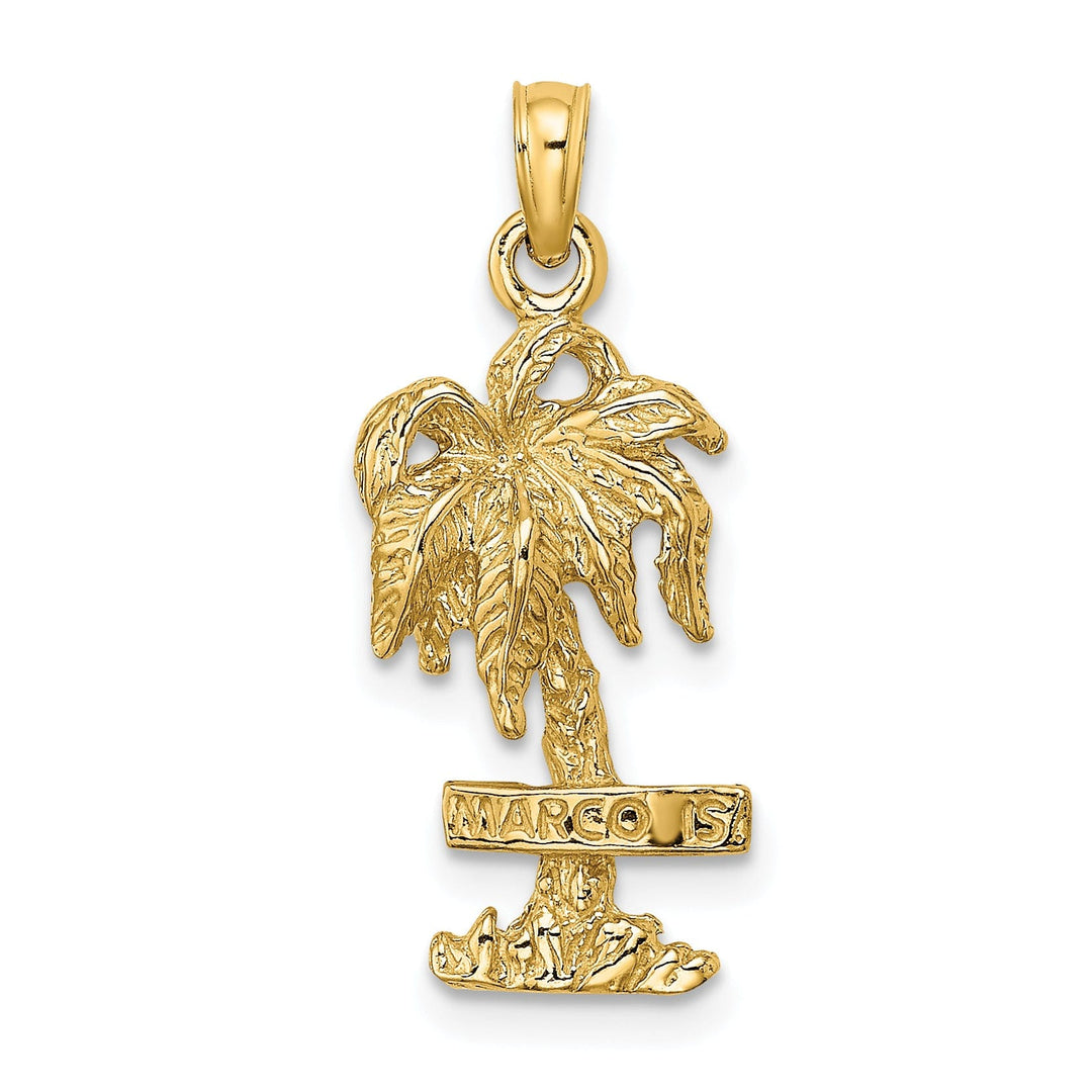 14K Yellow Gold Textured Polished Finish MARCO ISLAND Banner Sign on Palm Tree Charm Pendant