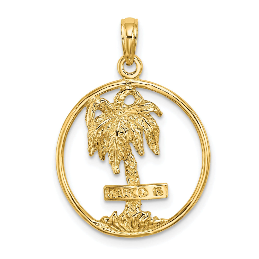 14K Yellow Gold Textured Polished Finish MARCO ISLAND Banner Sign on Palm Tree in Circle Design Charm Pendant