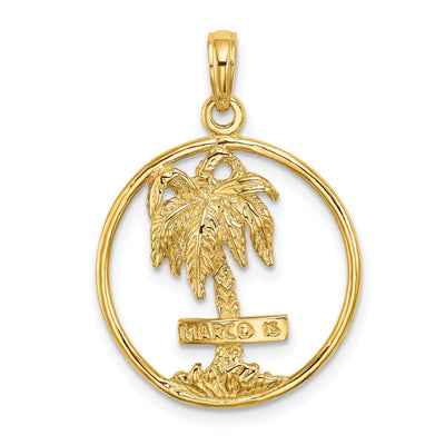 14K Yellow Gold Textured Polished Finish MARCO ISLAND Banner Sign on Palm Tree in Circle Design Charm Pendant at $ 217.72 only from Jewelryshopping.com