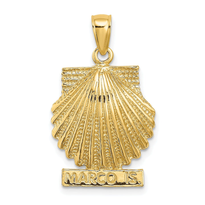 14K Yellow Gold Textured Polished Finish MARCO ISLAND on Scallop Sea Shell Design Charm Pendant