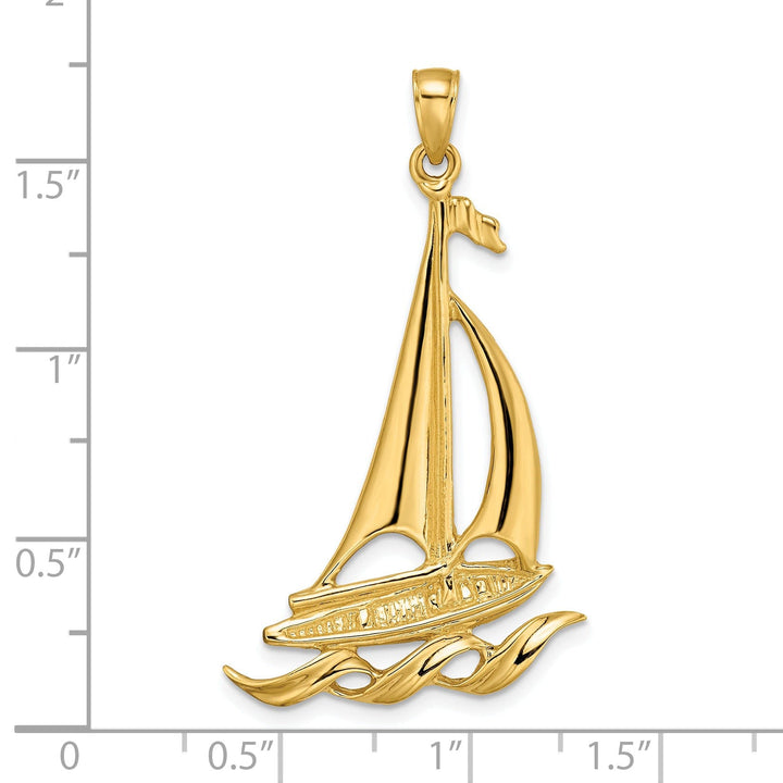 14k Yellow Gold Polished Finish Sailboat with Waves Design Charm Pendant