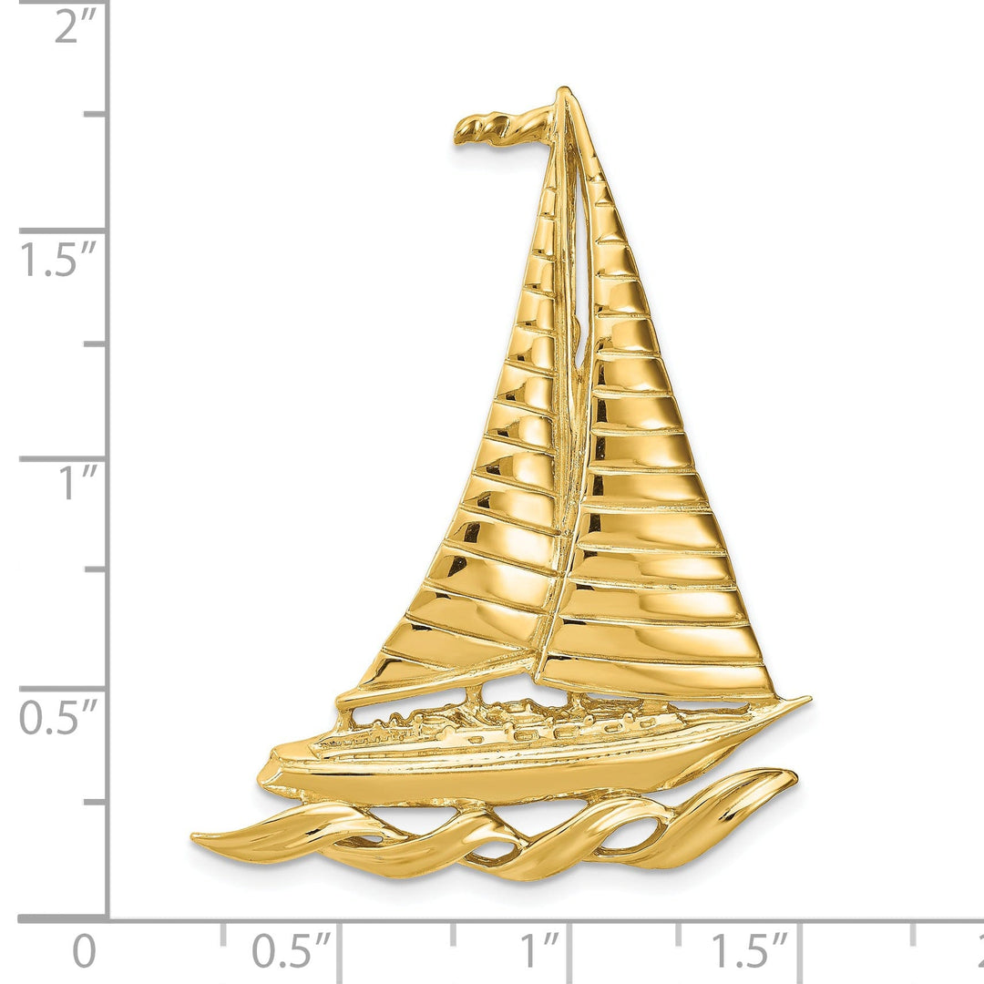 14k Yellow Gold Polished Texture Finish Sailboat with Waves Design Charm Pendant