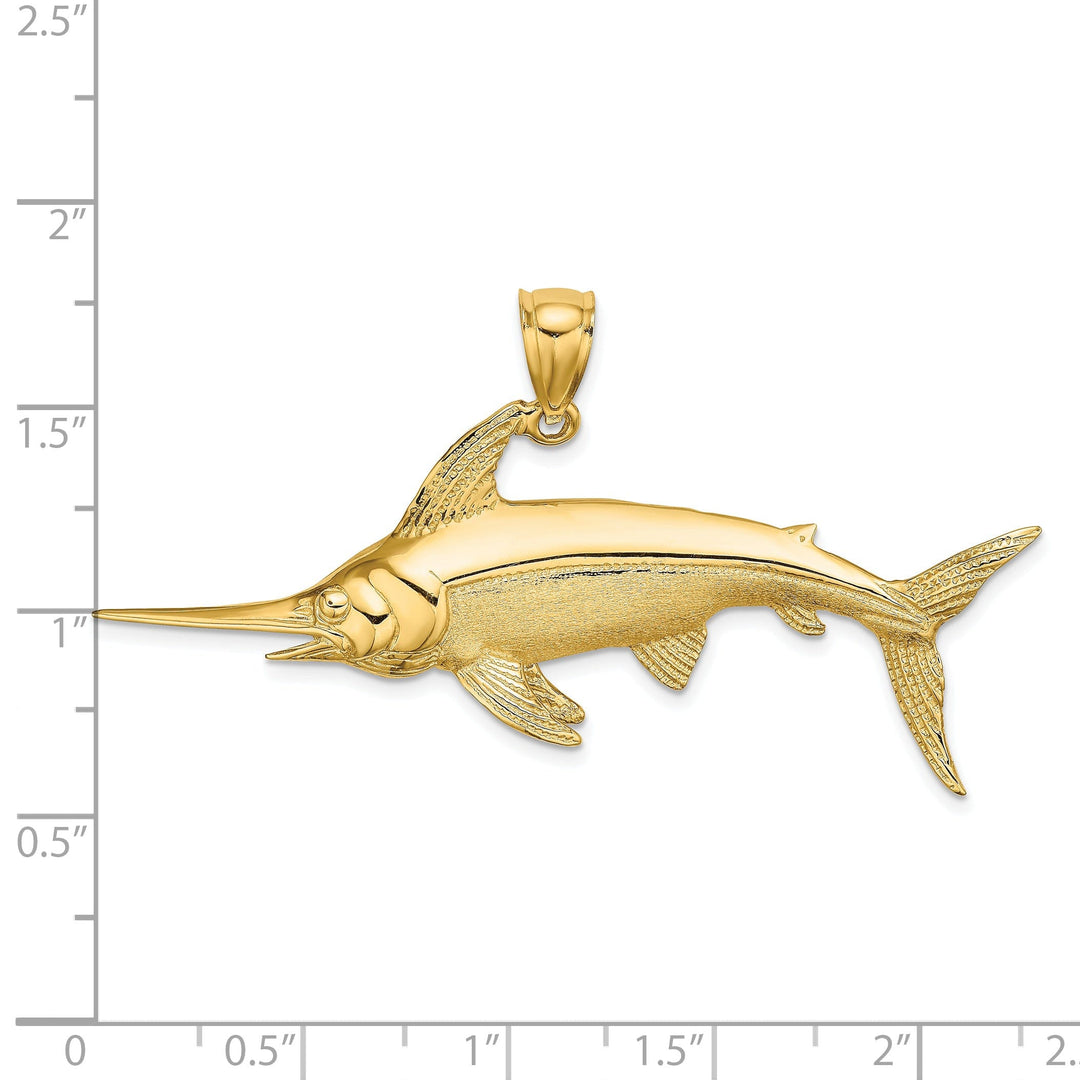 14K Yellow Gold Polished Satin Finish 2-Dimensional Swordfish Charm Pendant