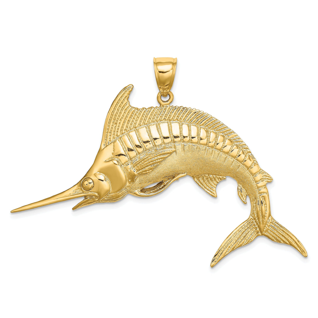 14K Yellow Gold 2-Dimensional Solid Textured Polished Satin Finish Blue Marlin Fish Charm Pendant