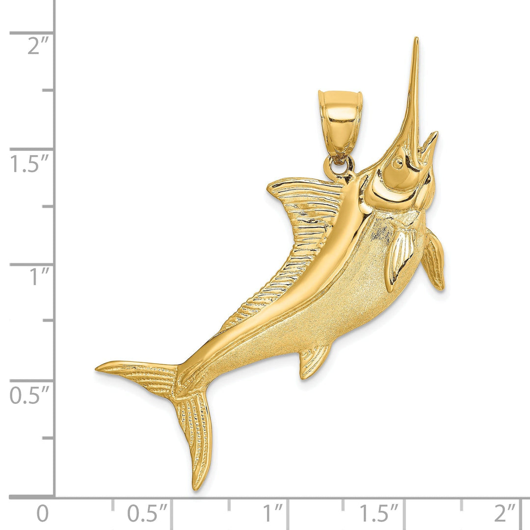 14K Yellow Gold 2-Dimensional Textured Solid Polished Satin Finish Blue Marlin Fish Charm Pendant