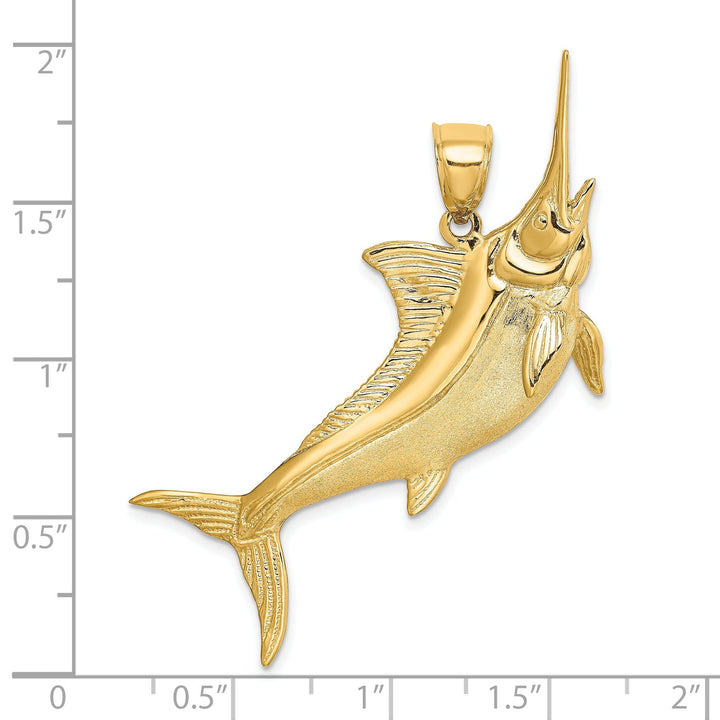 14K Yellow Gold 2-Dimensional Textured Solid Polished Satin Finish Blue Marlin Fish Charm Pendant