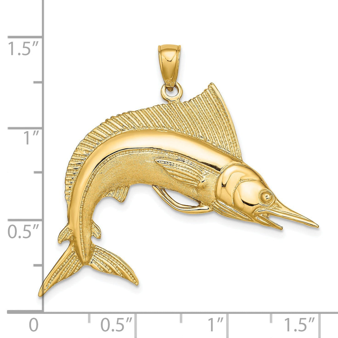 14K Yellow Gold 2-Dimensional Textured Polished Satin Finish Blue Marlin Fish Charm Pendant