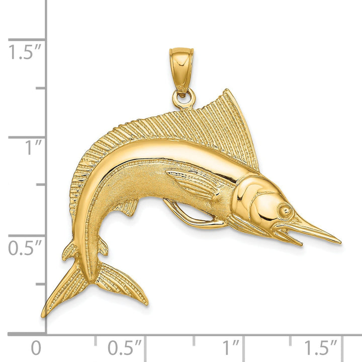 14K Yellow Gold 2-Dimensional Textured Polished Satin Finish Blue Marlin Fish Charm Pendant