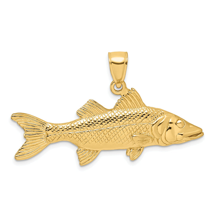 14K Yellow Gold Textured Polished Finish 3-Dimensional Snook Fish Charm Pendant