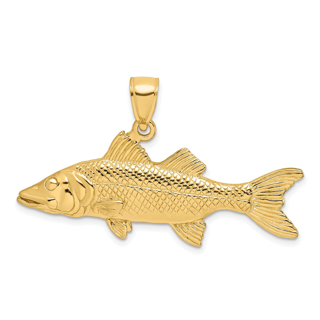 14K Yellow Gold Textured Polished Finish 3-Dimensional Snook Fish Charm Pendant