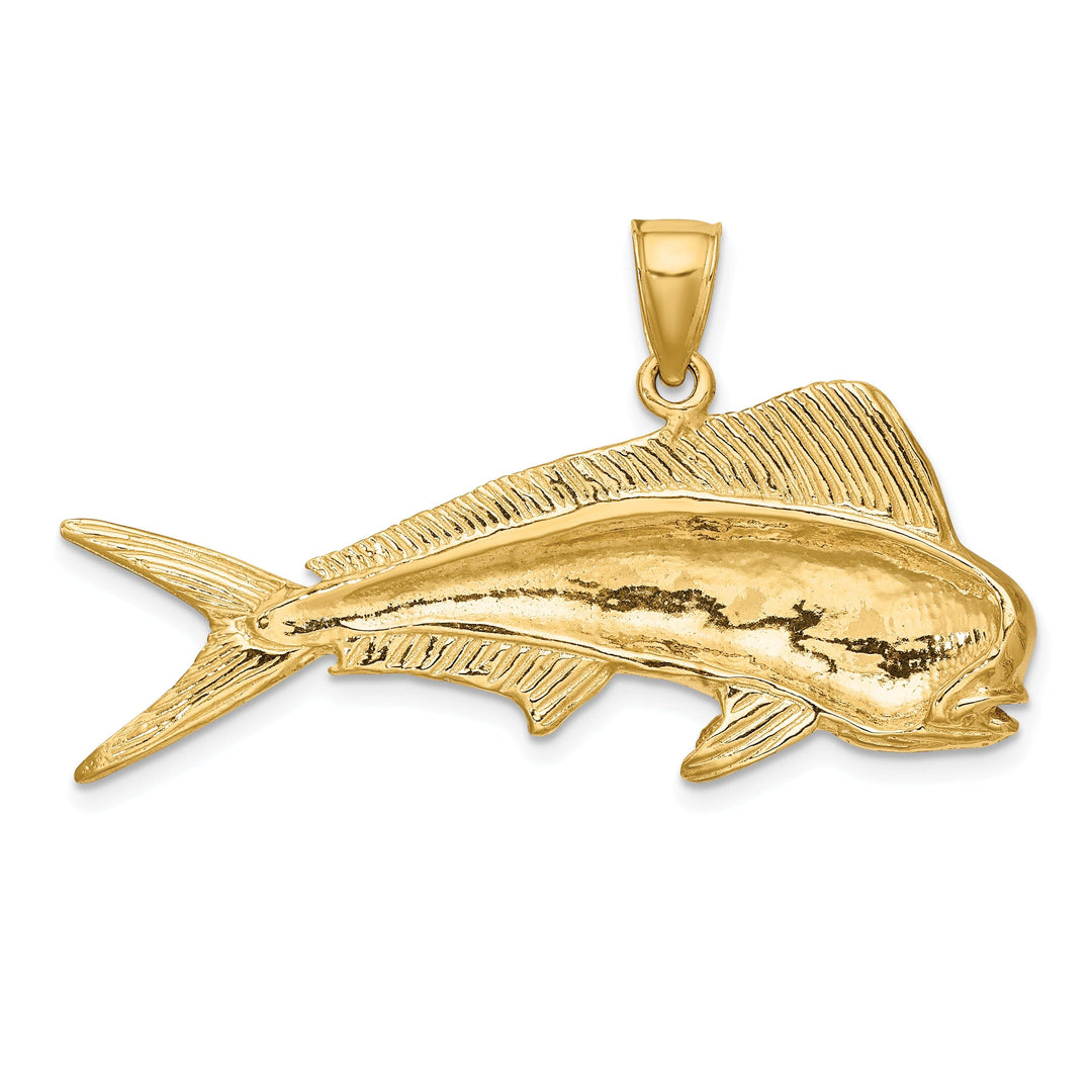 14K Yellow Gold Textured Polished Finish 2-Dimensional Male Dorado Mahi-Mahi Charm Pendant
