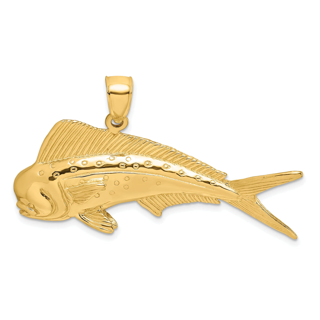 14K Yellow Gold Textured Polished Finish 2-Dimensional Male Dorado Mahi-Mahi Charm Pendant