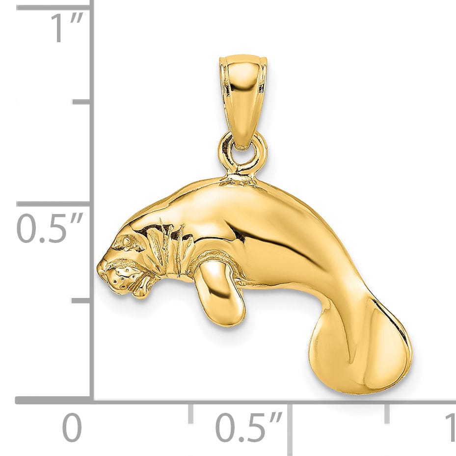 14K Yellow Gold Solid 3-Dimensional Polished Finish Swimming Manatee Design Charm Pendant