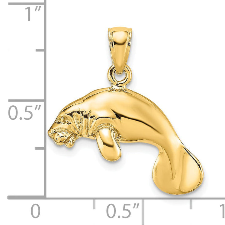 14K Yellow Gold Solid 3-Dimensional Polished Finish Swimming Manatee Design Charm Pendant