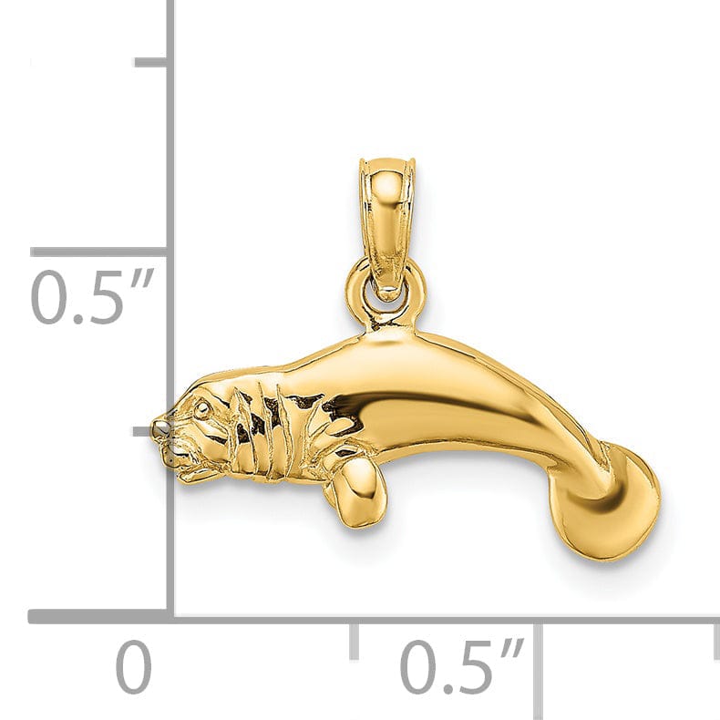 14K Yellow Gold 3-Dimensional Polished Finish Swimming Manatee Design Charm Pendant