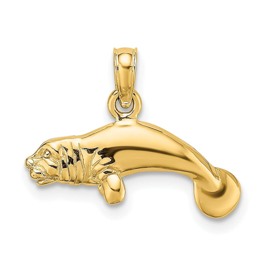 14K Yellow Gold 3-Dimensional Polished Finish Swimming Manatee Design Charm Pendant