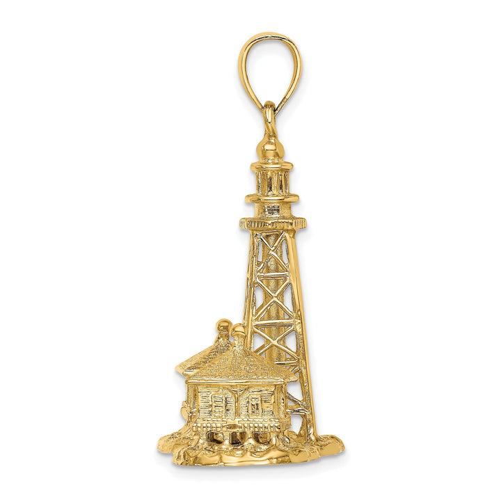 14K Yellow Gold Polished Textured Finish 3-Dimensional SANIBEL ISLAND Florida Lighthouse Charm Pendant