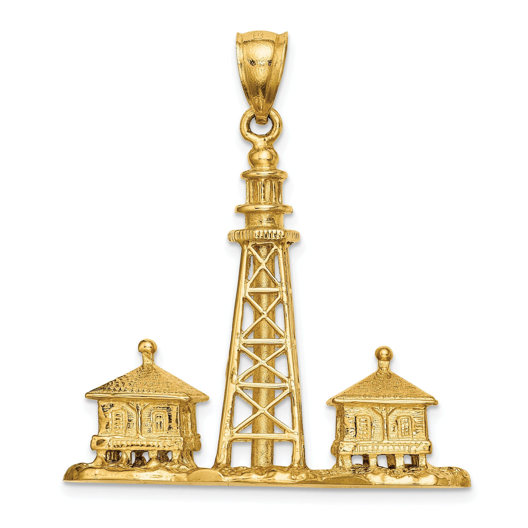 14K Yellow Gold Polished Textured Finish 3-Dimensional SANIBEL ISLAND Florida Lighthouse Charm Pendant