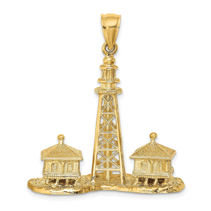 14K Yellow Gold Polished Textured Finish 3-Dimensional SANIBEL ISLAND Florida Lighthouse Charm Pendant