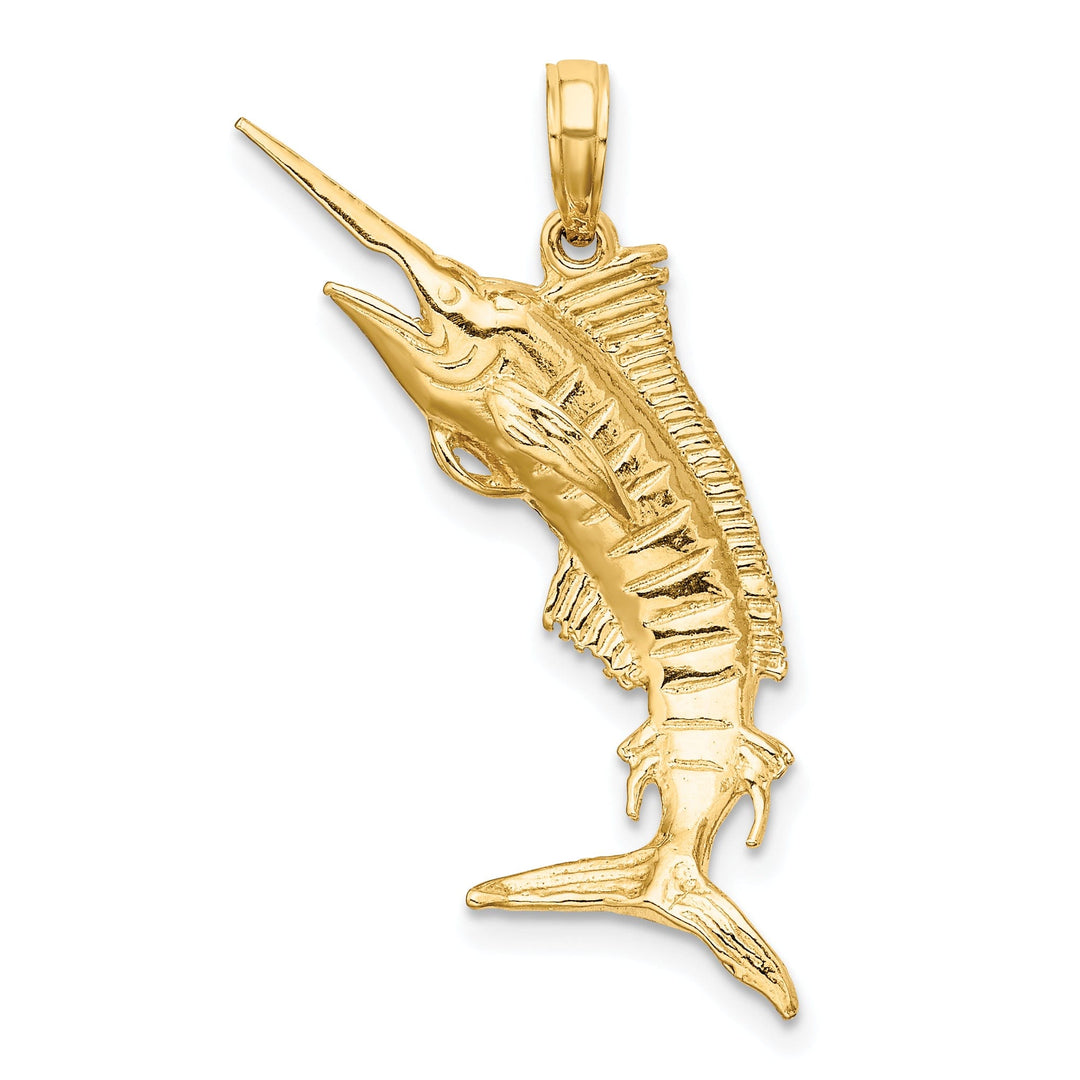 14K Yellow Gold 3-Dimensional Textured Polished Satin Finish Blue Marlin Fish Charm Pendant