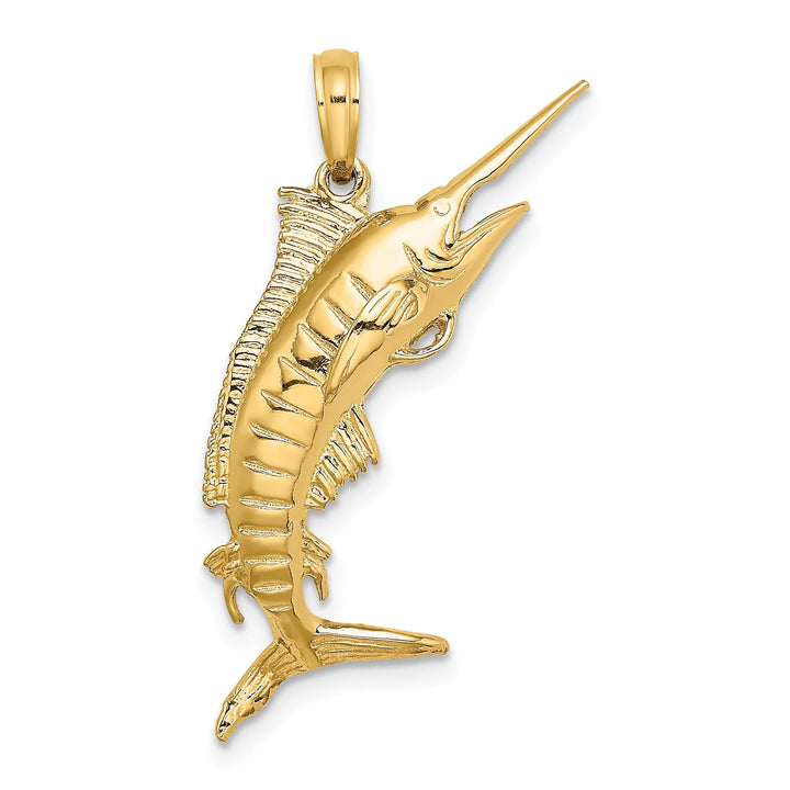 14K Yellow Gold 3-Dimensional Textured Polished Satin Finish Blue Marlin Fish Charm Pendant