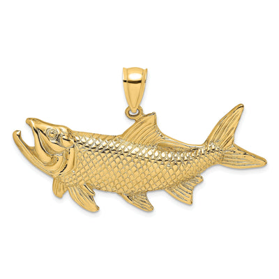 14K Yellow Gold Solid Polished Textured Finish Tarpon Fish with Open Mouth Design Charm Pendant