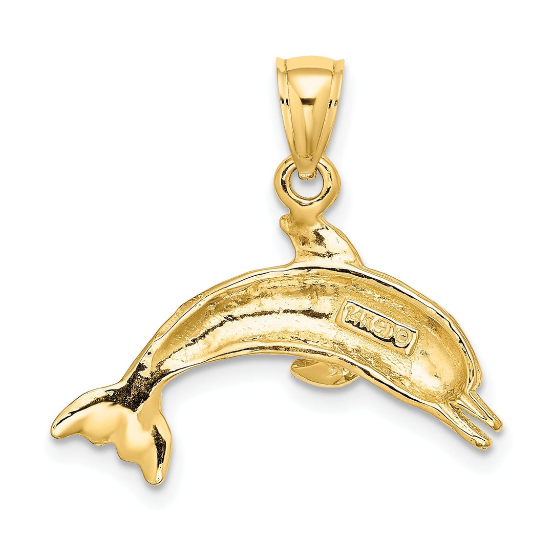 14K Yellow Gold Textured Polished Finish Dolphin Jumping Swimming Design Charm Pendant