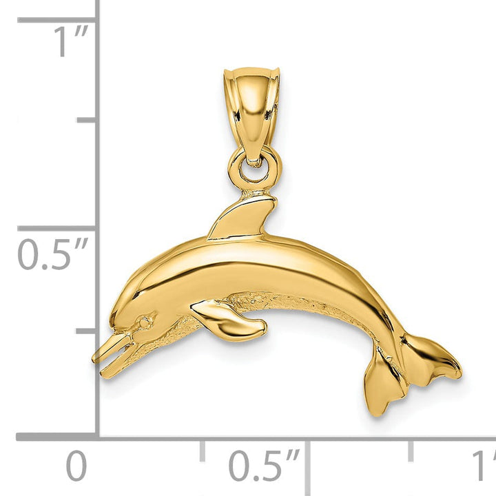 14K Yellow Gold Textured Polished Finish Dolphin Jumping Swimming Design Charm Pendant