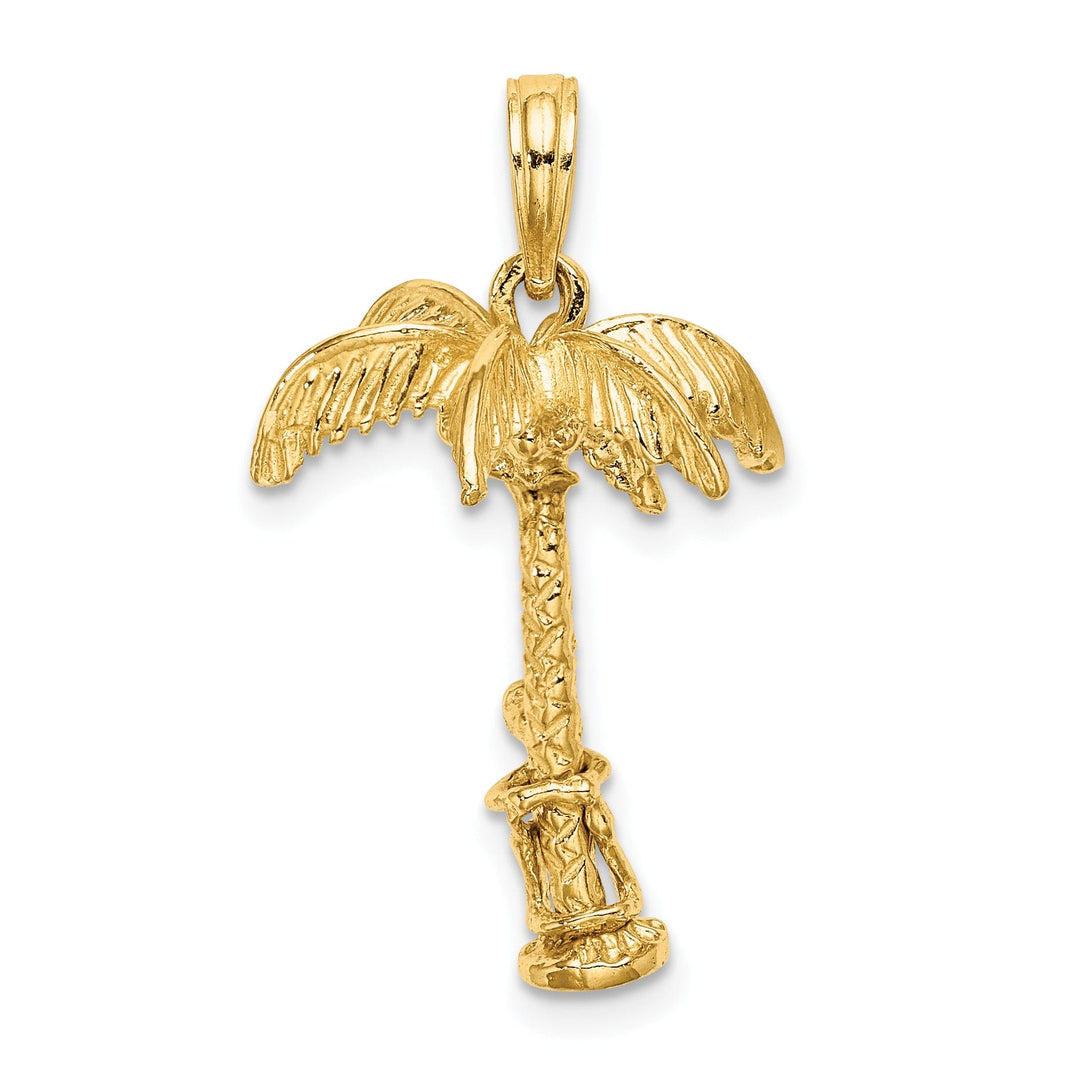 14K Yellow Gold Polished Texture Finish Moveable 3-Dimensional Man Climing Palm Tree Charm Pendant