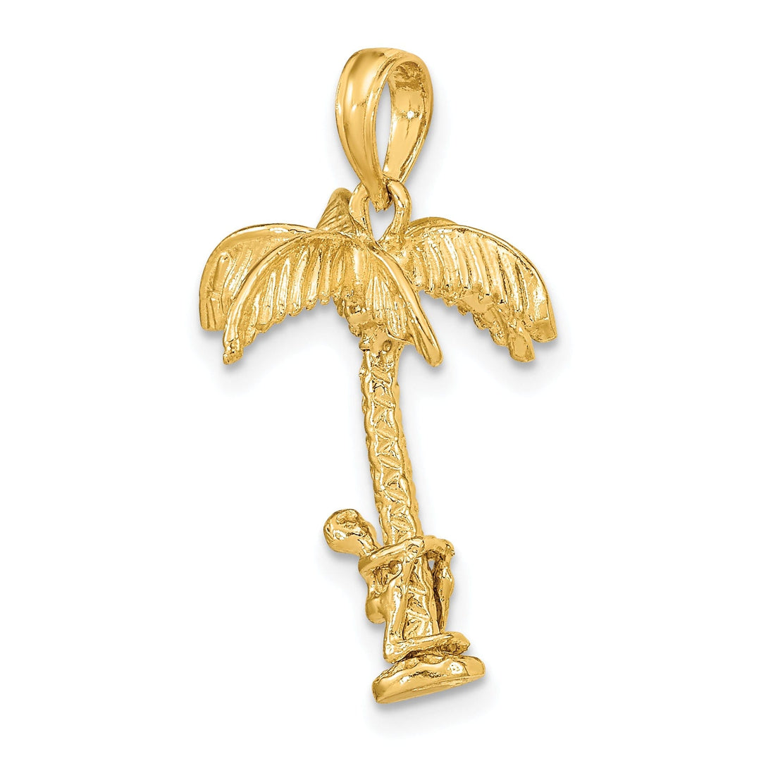 14K Yellow Gold Polished Texture Finish Moveable 3-Dimensional Man Climing Palm Tree Charm Pendant