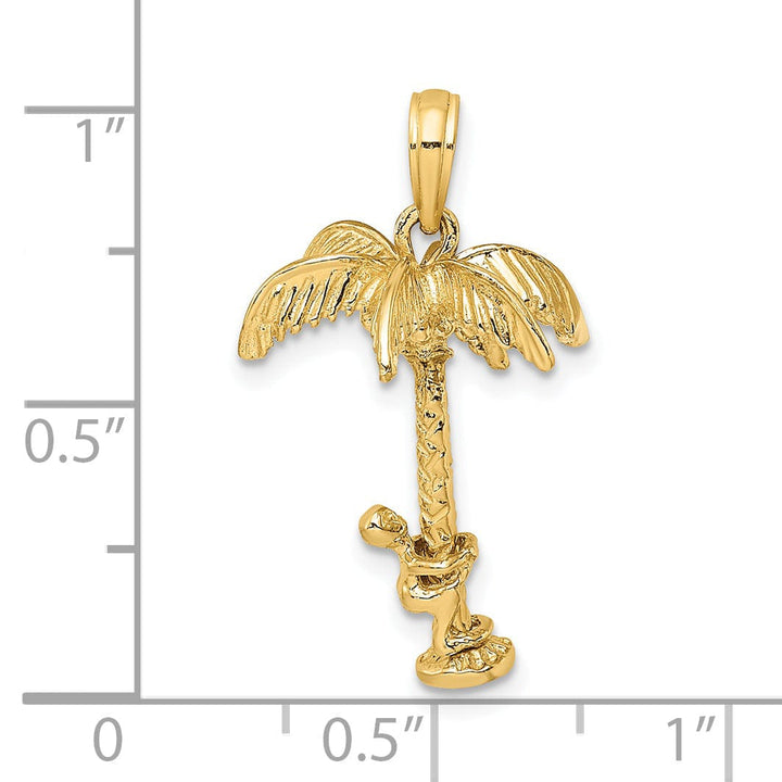 14K Yellow Gold Polished Texture Finish Moveable 3-Dimensional Man Climing Palm Tree Charm Pendant