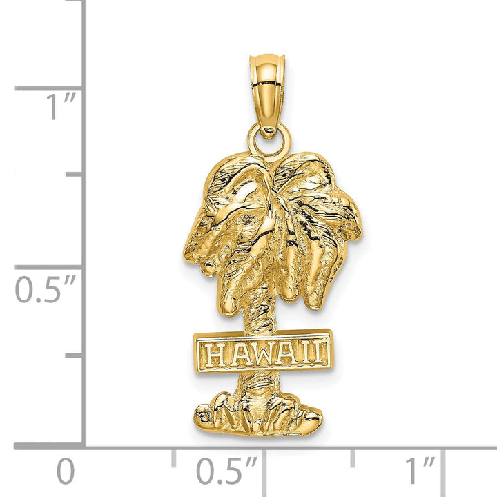 14K Yellow Gold Polished Texture Finish HAWAII Sign on Palm Tree Design Charm Pendant