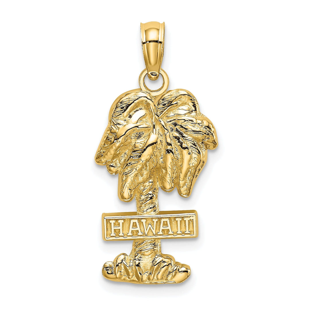 14K Yellow Gold Polished Texture Finish HAWAII Sign on Palm Tree Design Charm Pendant