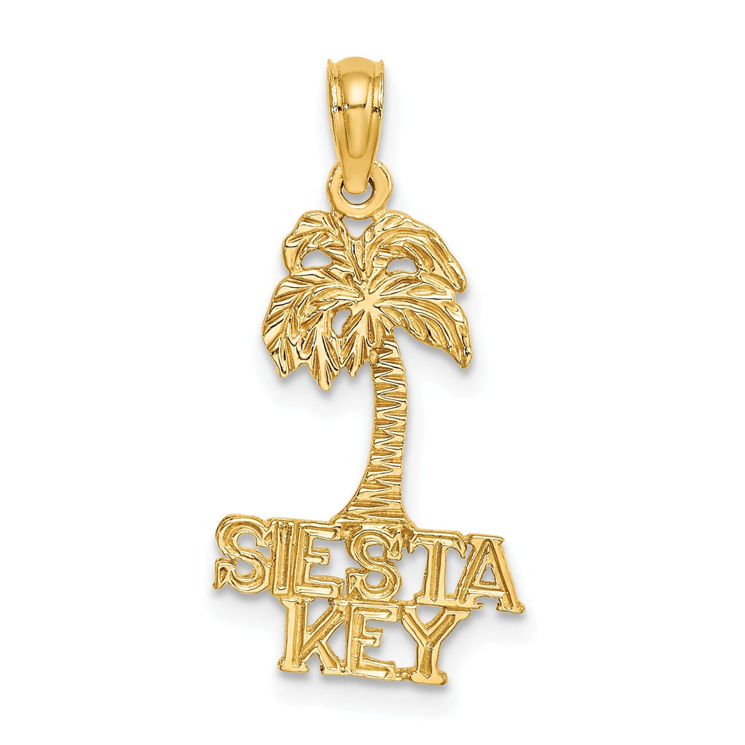 14K Yellow Gold Polished Texture Finish SIESTA KEY Under Palm Tree Sign Charm Pendant