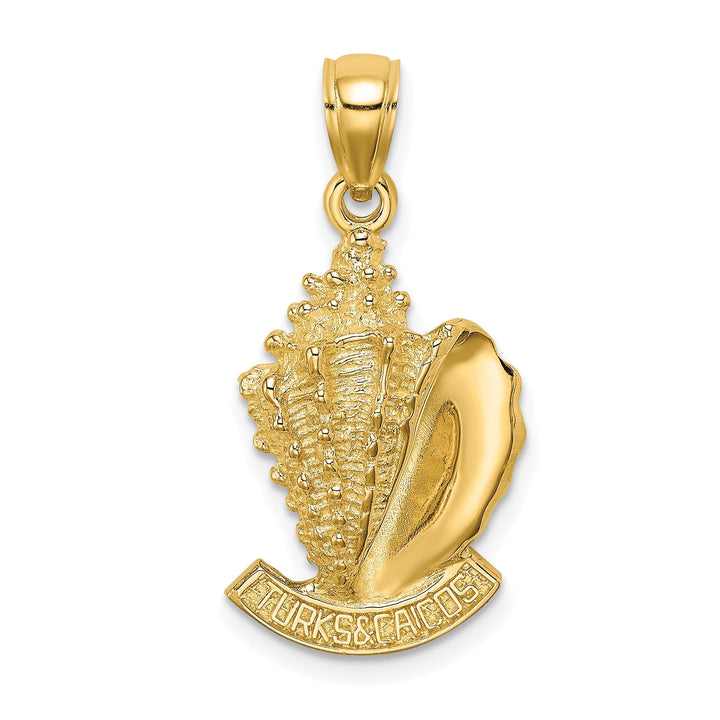 14K Yellow Gold Textured Polished Finish 2-Dimensional TURKS & CAICOS Under Conch Shell Charm Pendant