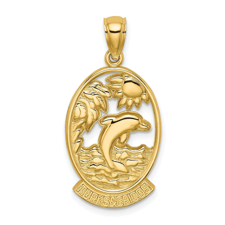 14K Yellow Gold Polished Finish TURKS & CAICOS with Dolphin Sunset Scene Design Charm Pendant